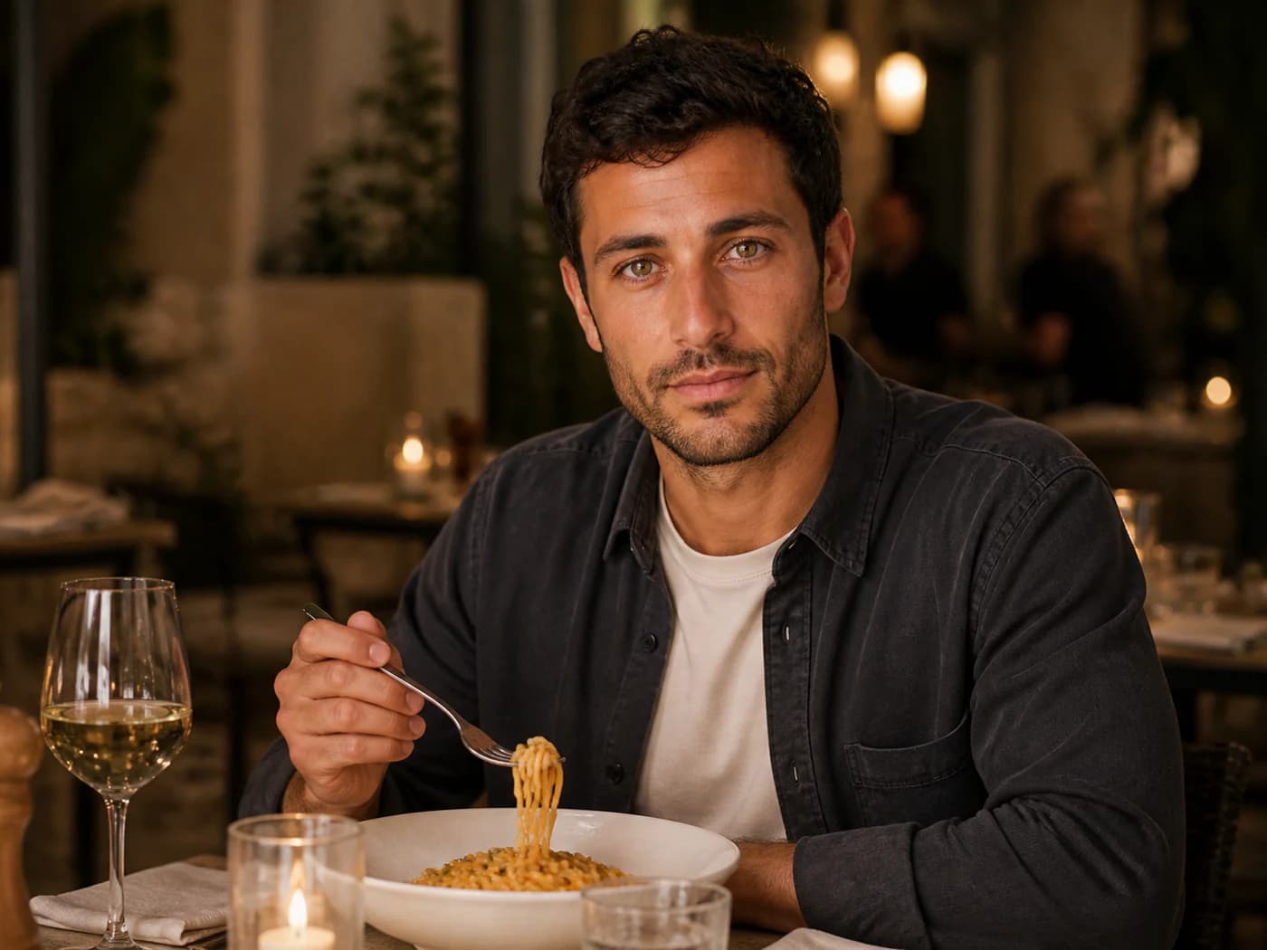 Derselbe fiktive Charakter Mateo in einer generierten Restaurantszene