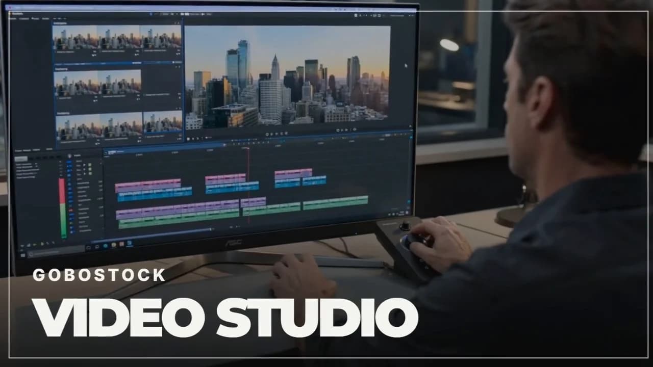Gobostock Videostudio-Timeline mit Clips, Trimmsteuerung, Text und einer Exportaktion