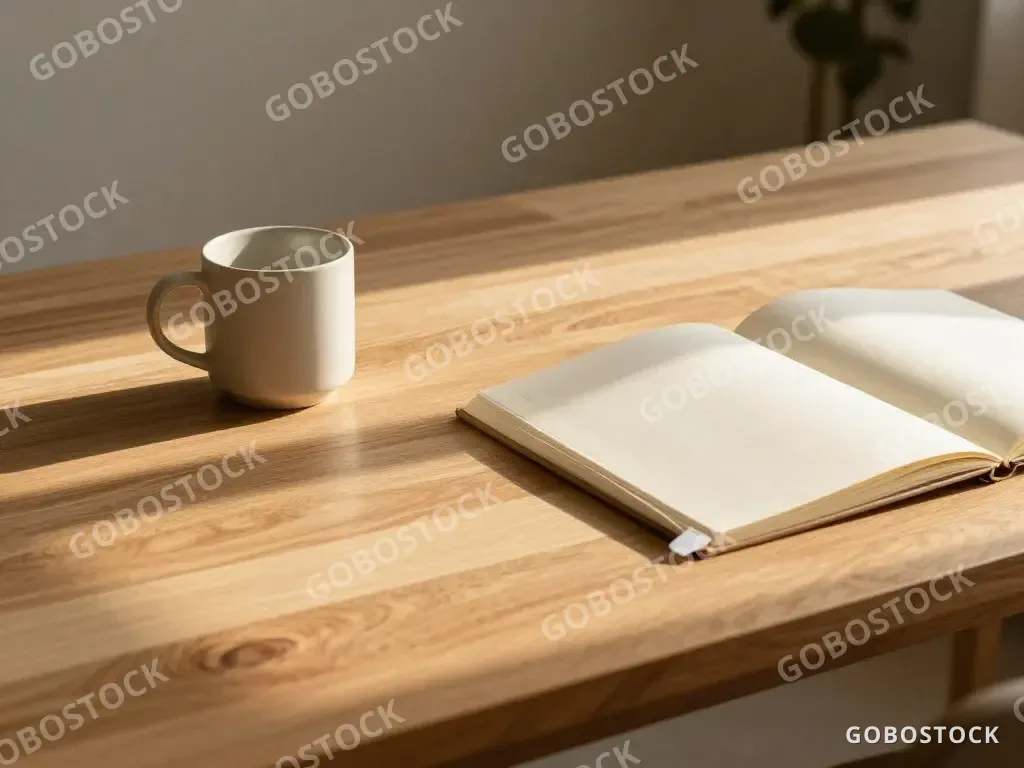 Oak desk at golden hour — AI-generated image made with P-Image on Gobostock