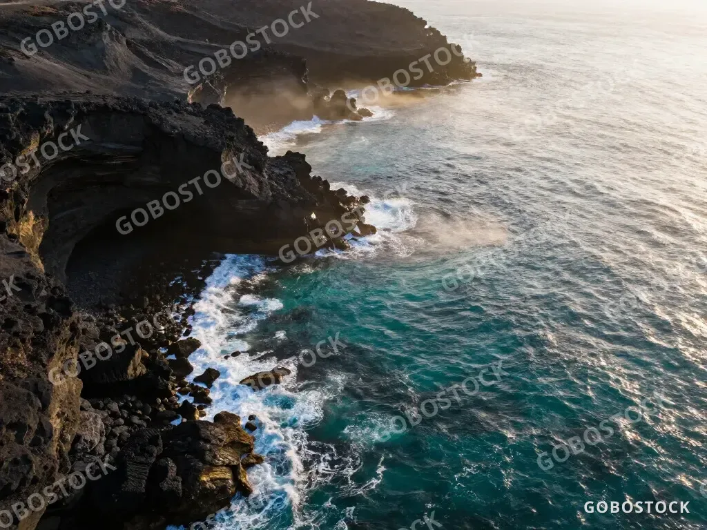 Volcanic coastline at sunrise — AI-generated image made with Z Image Turbo on Gobostock