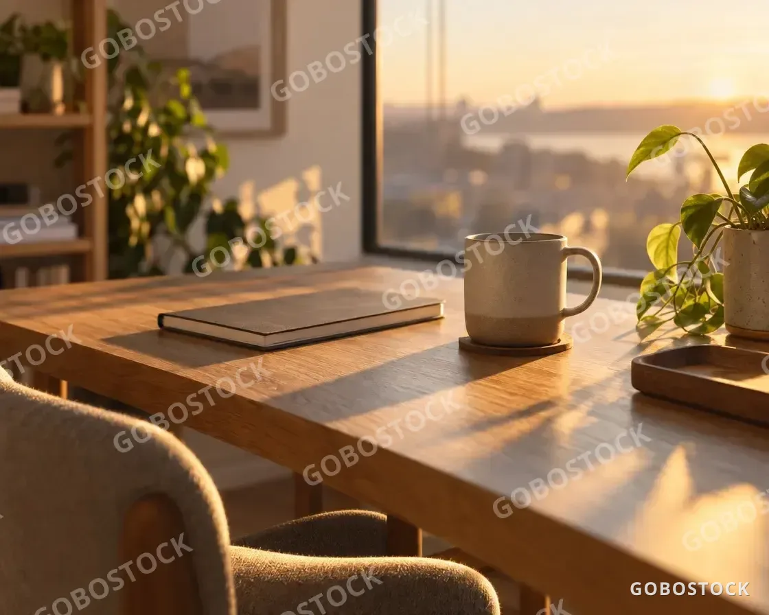 Oak desk at golden hour — AI-generated image made with Riverflow 2.5 Pro on Gobostock