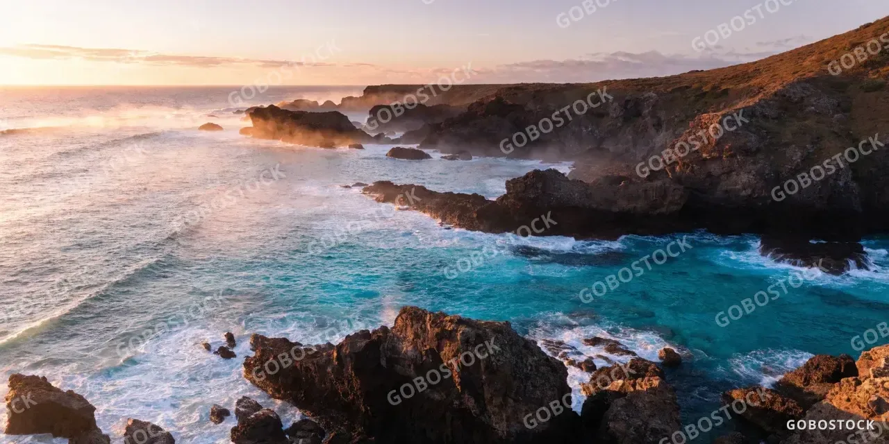 Volcanic coastline at sunrise — AI-generated image made with Recraft V4.1 Utility on Gobostock