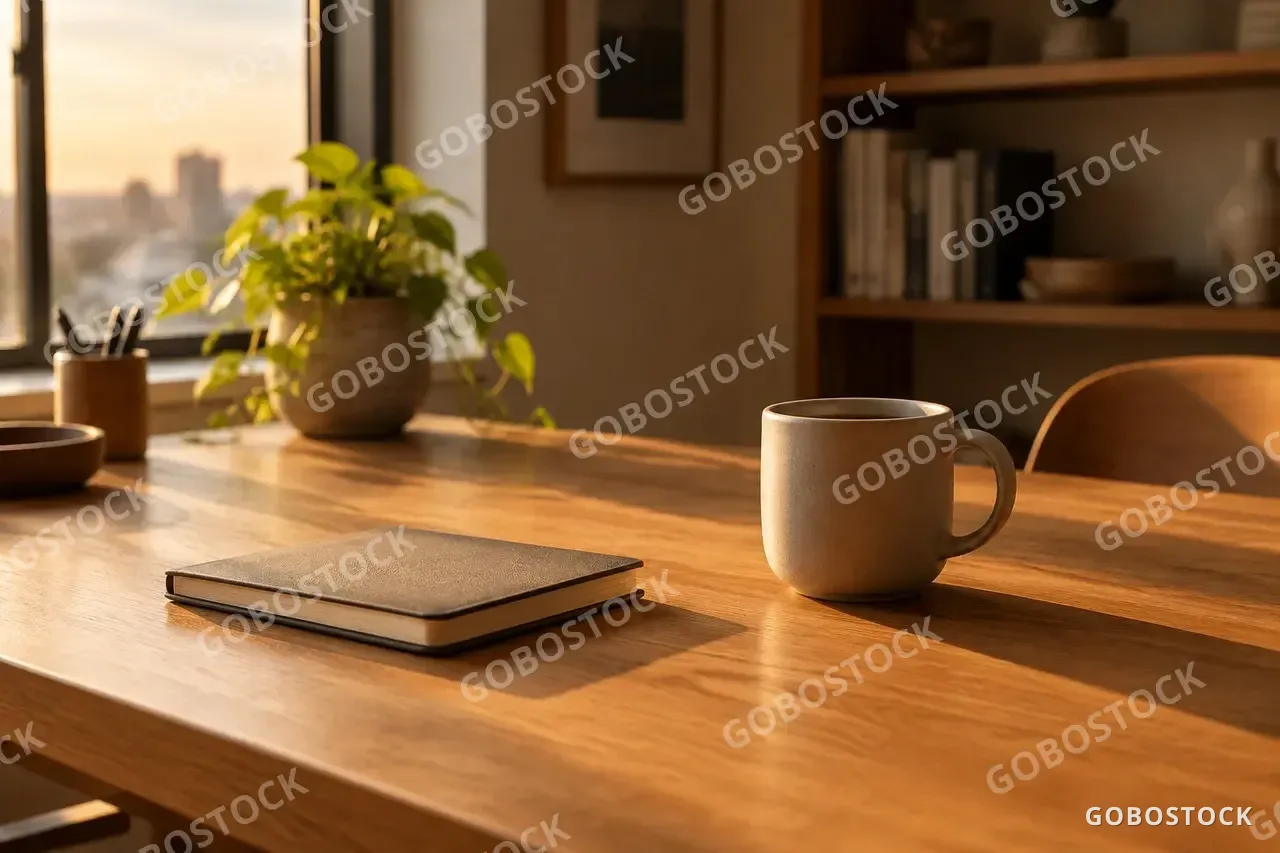 Oak desk at golden hour — AI-generated image made with GPT Image 2.5 Flare on Gobostock