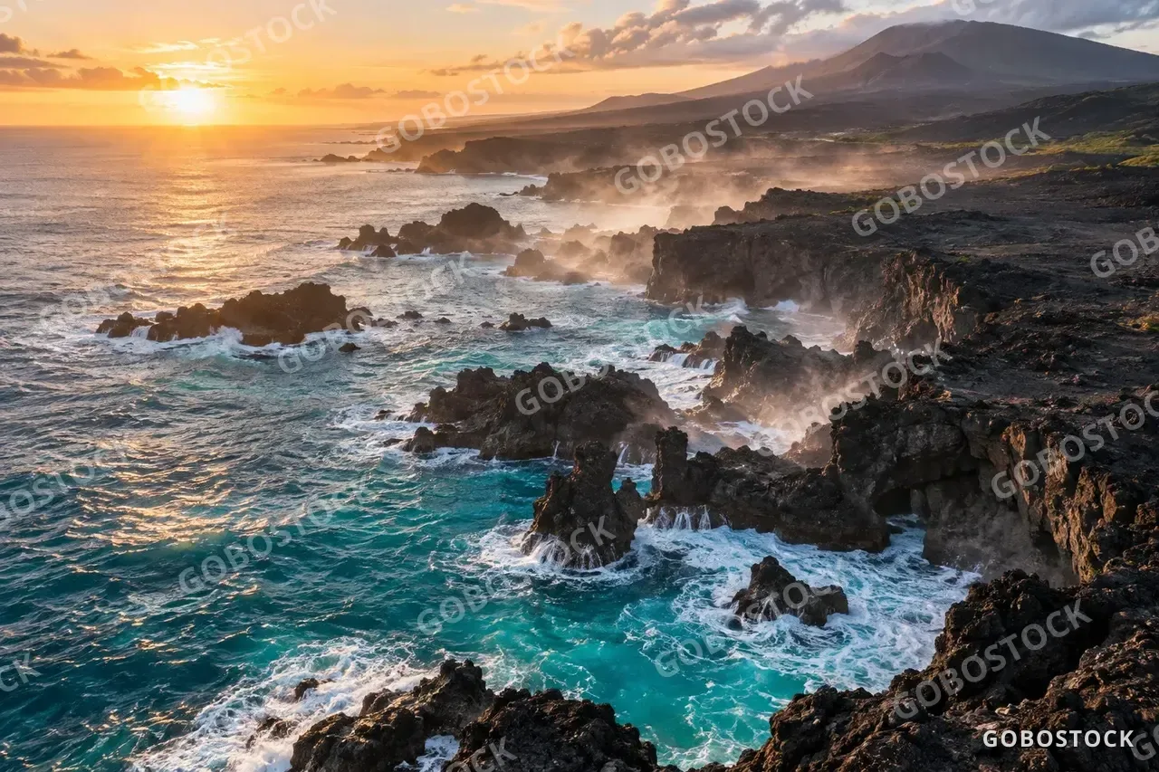Volcanic coastline at sunrise — AI-generated image made with GPT Image 2.5 Sunburst on Gobostock