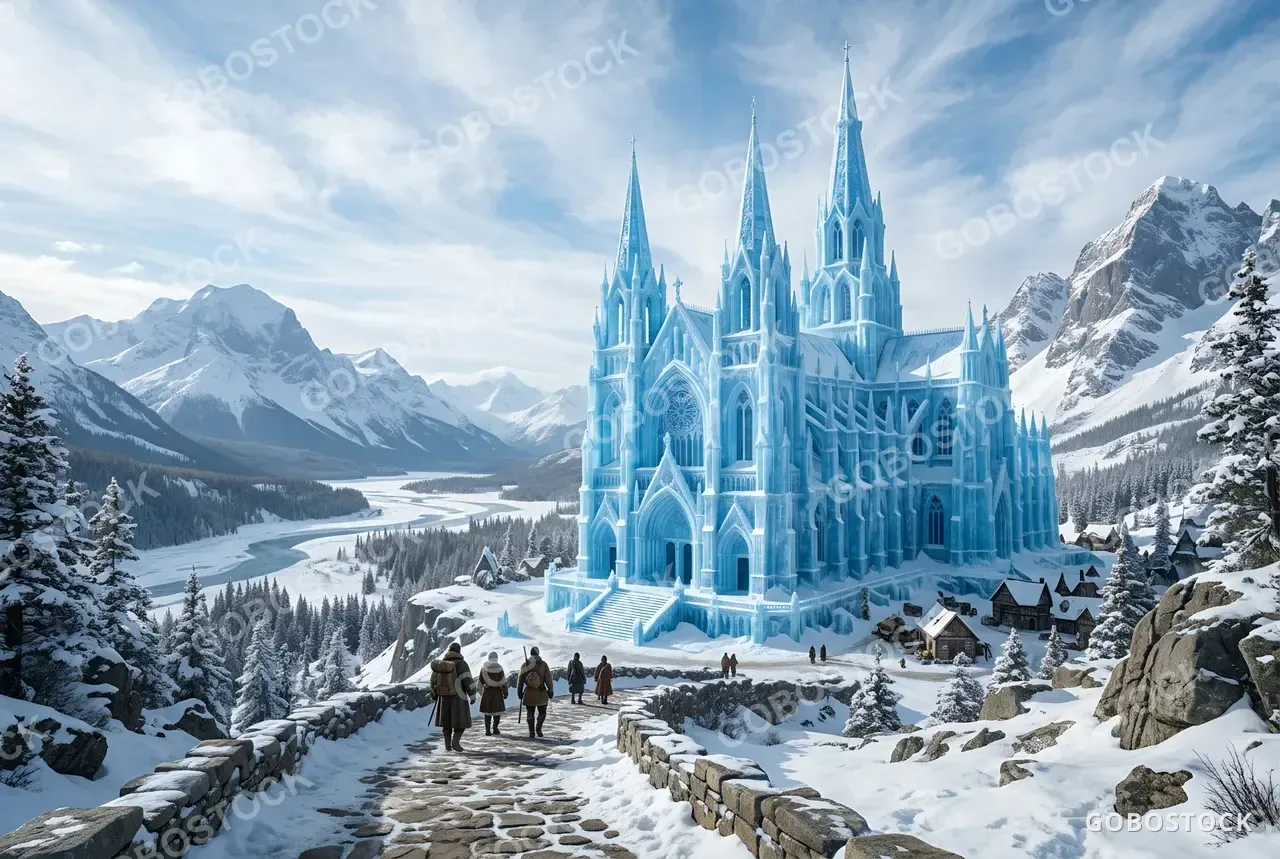 Vast Cathedral Carved From Blue Ice — Editorial View — AI-generated image made with Nano Banana 2 on Gobostock