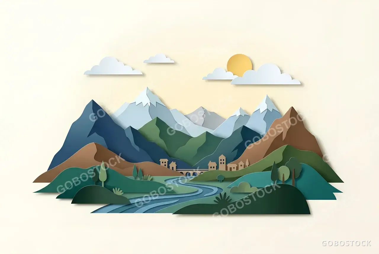 Layered Paper-Cut Landscape — Editorial View — AI-generated image made with Nano Banana 2 on Gobostock